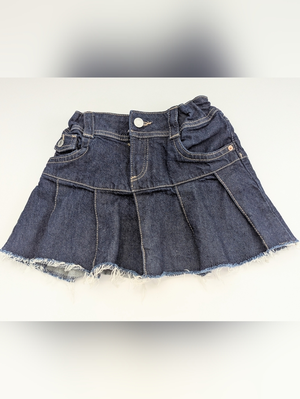 H&M Girls' (8-9) Dark Blue Denim Adjustable Waist Pleated Skirt w/Frayed-Hem